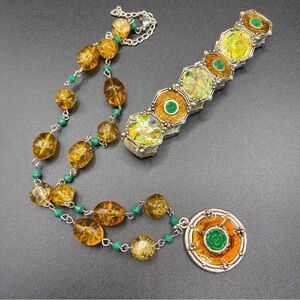 LC LAUREN CONRAD Glass Green & Gold Bead Necklace Pendant And Bracelet